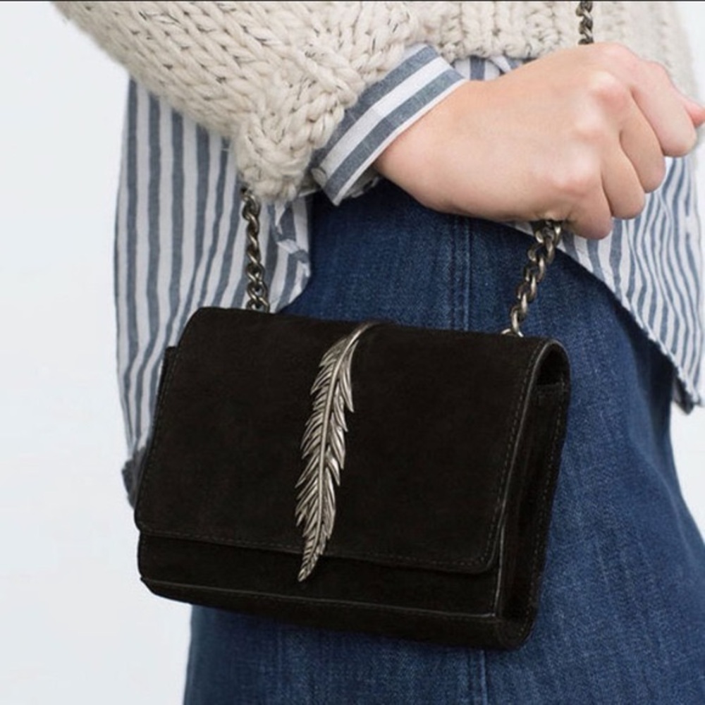 Zara Faux Suede Purse With a  Feather Accent.